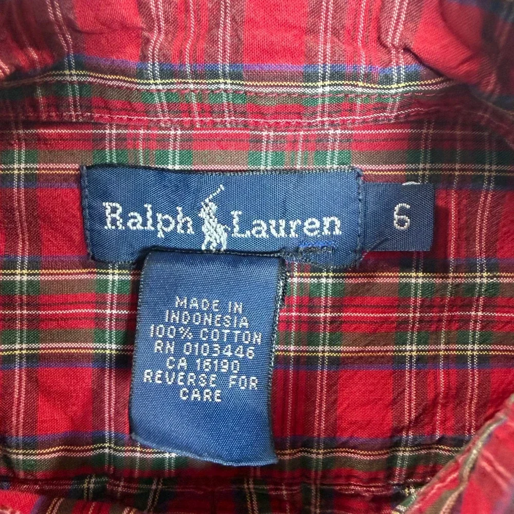 Ralph Lauren Kids Red Plaid Button Down Shirt Sz 6 Long Sleeve Cotton Pony Logo